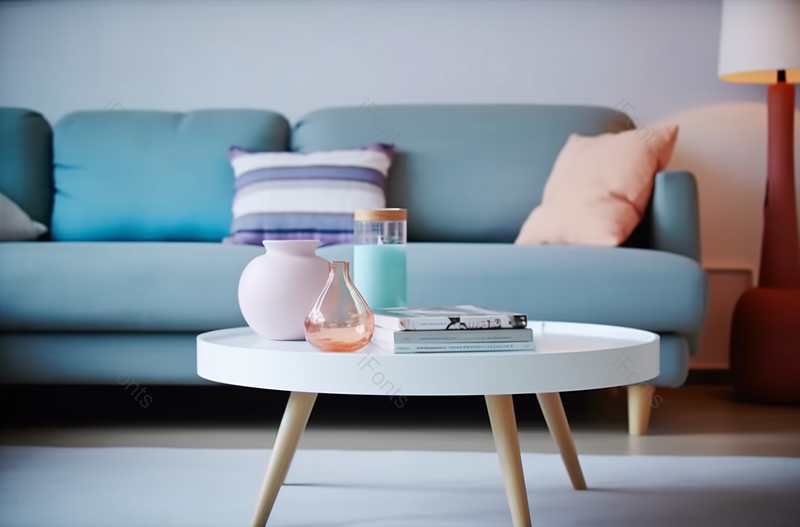 圆形复古咖啡桌配有散垫和台灯淡蓝色沙发家居摄影,高清,摄影图,摄影图片,图片大全,摄影图免费下载